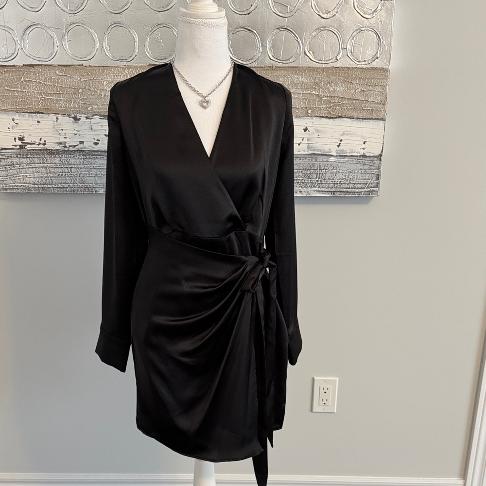 Mango Black Satin Wrap Dress